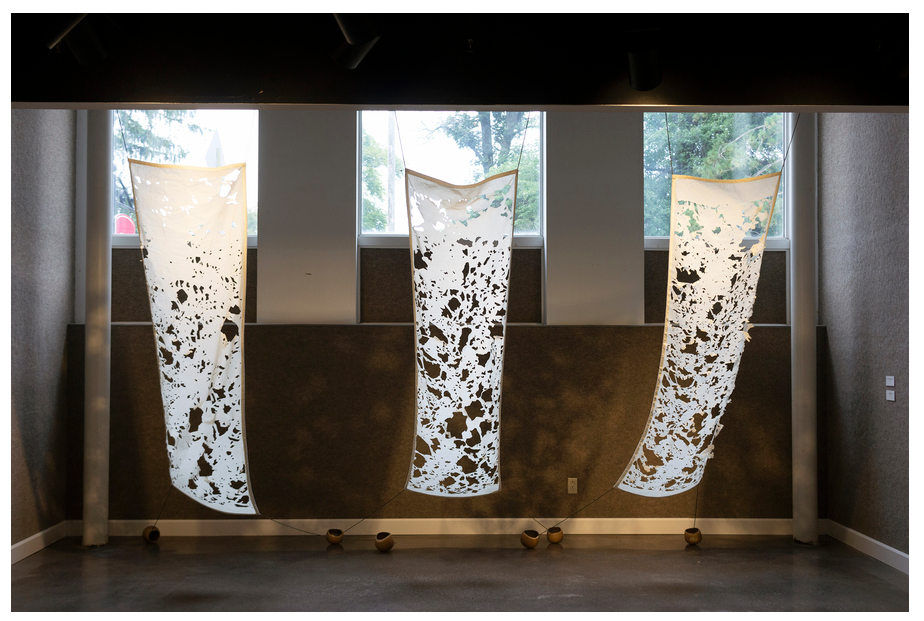 Visiting Landscapes A, B, and C 2018 beeswax, muslin fabric, paracord, thread, elm wood, raw liquid photographic emulsion installation dimensions variable, each panel measures 85 x 24 inches