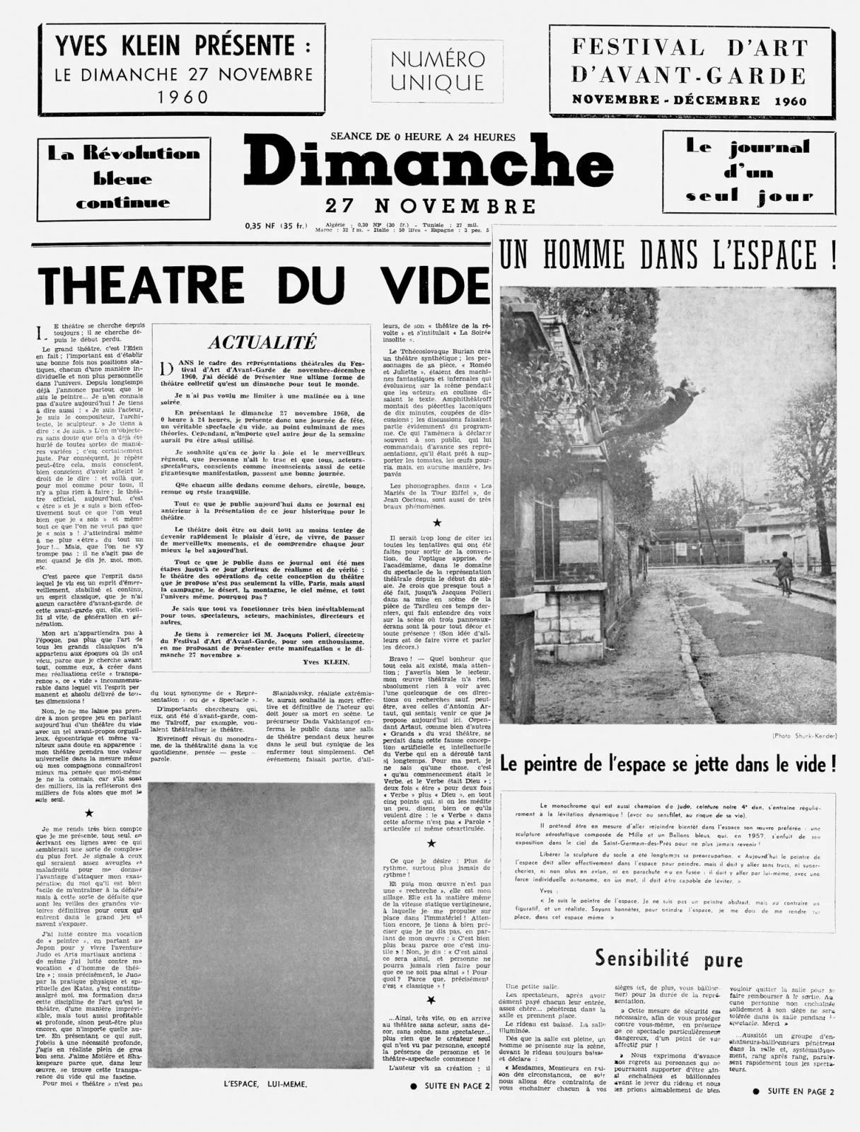 Yves Klein, Dimanche (will exhibit all four pages) (1960) Ink on newspaper