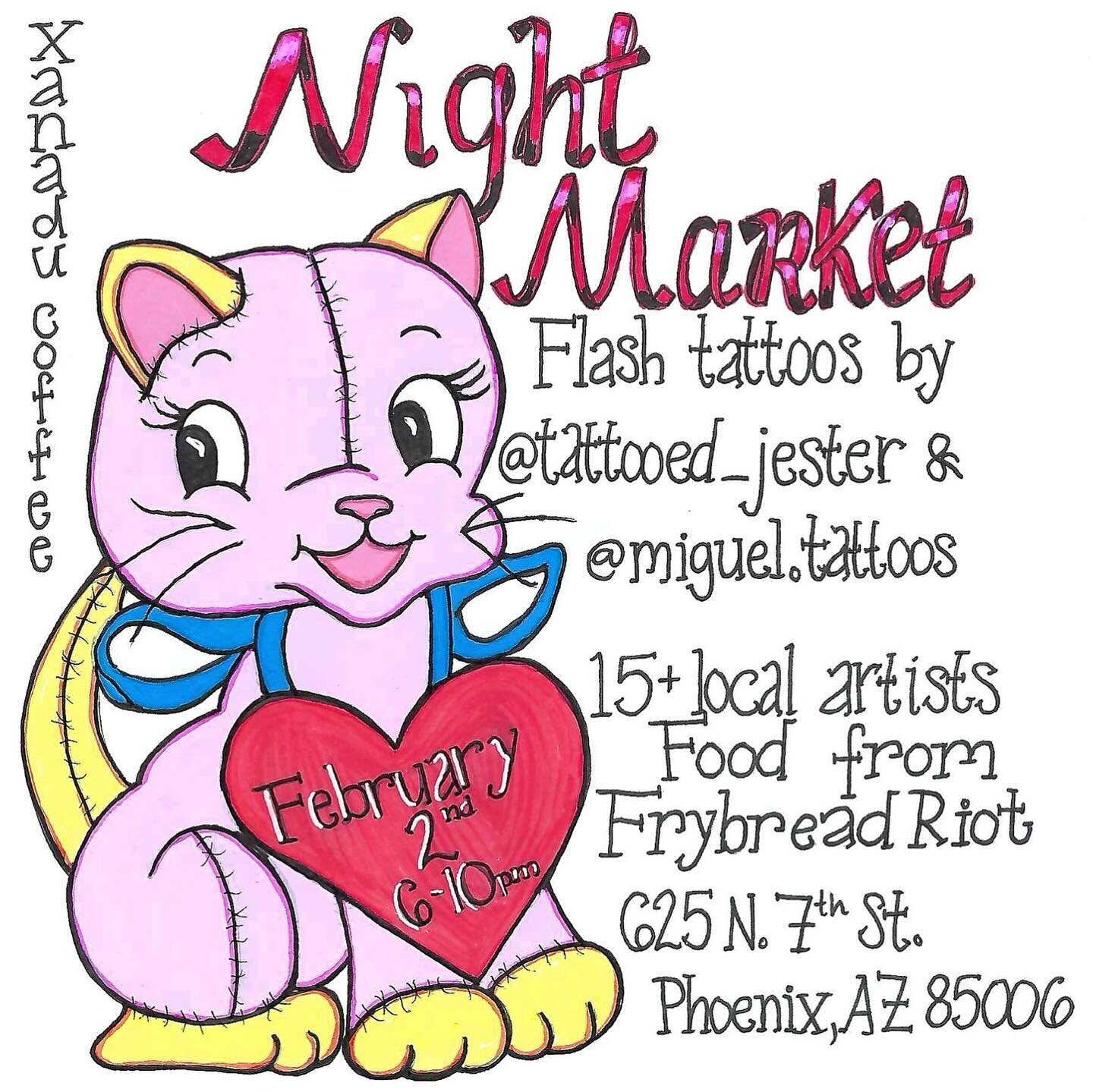February 2nd Night Market is upon us! Come join us from 6-10pm for a night of art, food, tarot, tattoos, and more! Welcoming back @frybread.riot slinging the best frybread around! Thank you to @sadboy.studio for popping up with @tattooed_jester and @