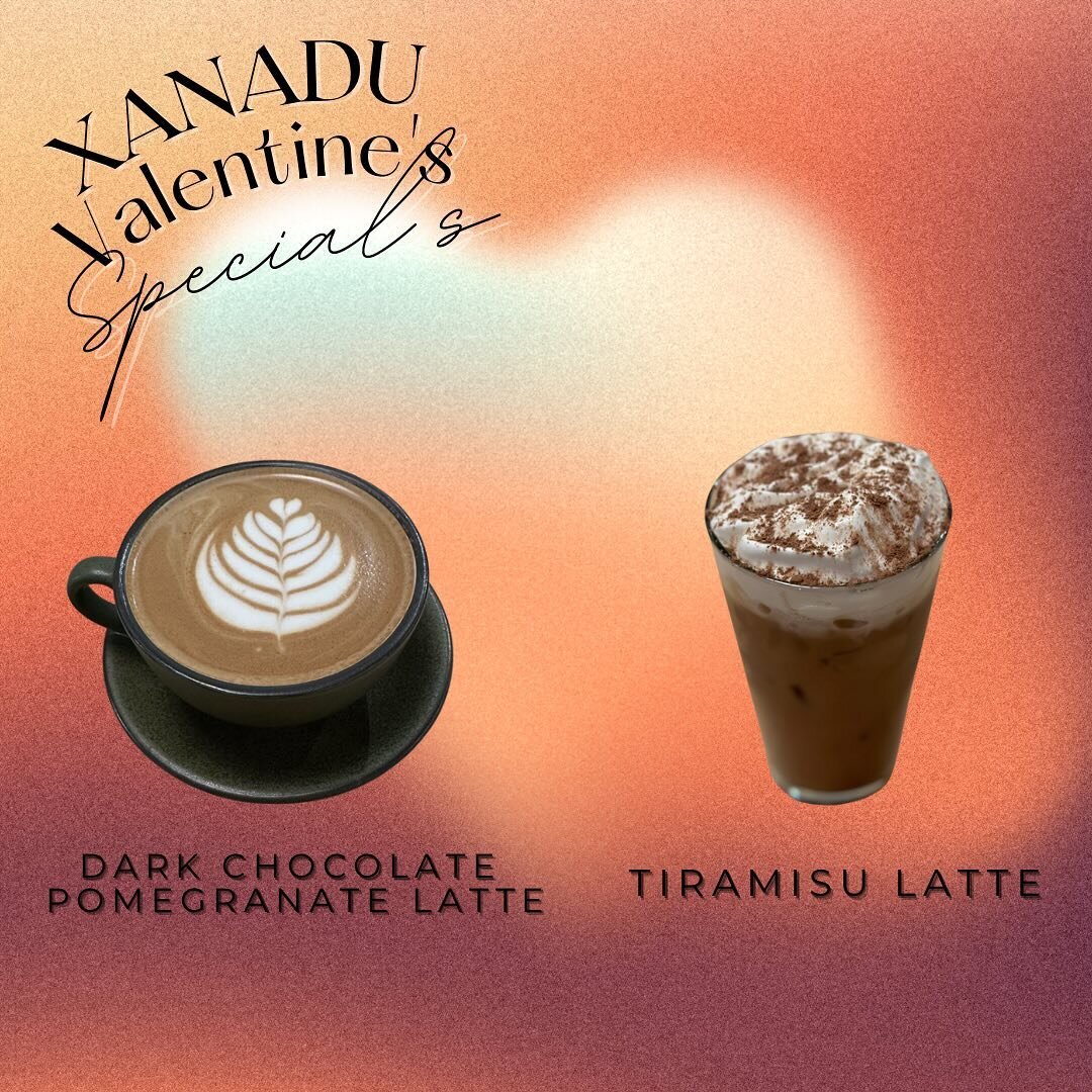 Love is in the air! or, is it the smell of freshly brewed coffee? Tomorrow only and while supplies last, we have two delicious lattes for you to try. 
Dark Chocolate Pomegranate Latte- like a box of chocolates but only the ones you want, housemade da