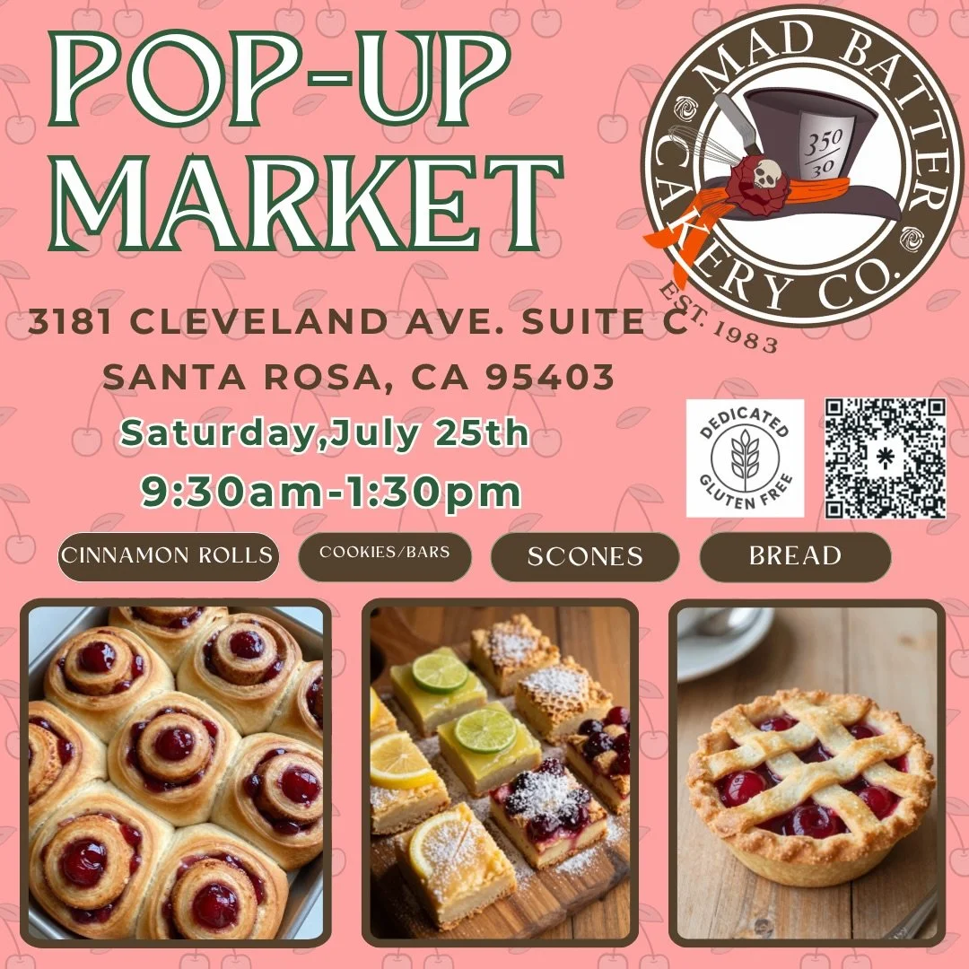 We are BACK!
And everything is popping up cherries, so stop in this Saturday, July 27th and pick up some goodies.
See ya soon!
The Mad Batter
