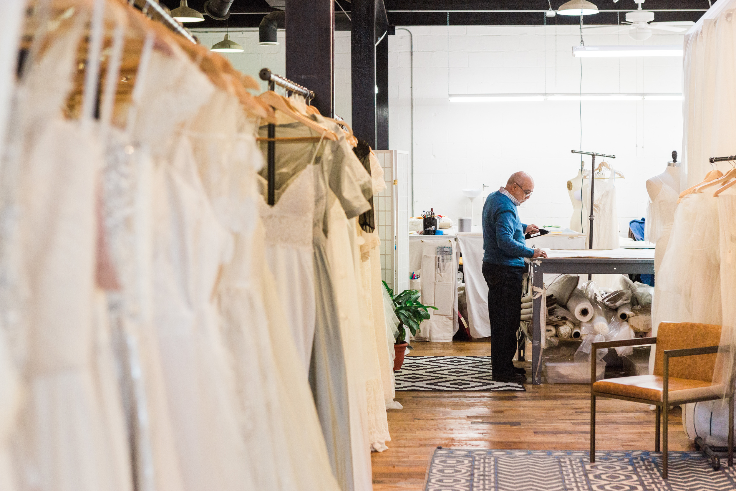 Our workspace is open to our shop- connecting brides directly to their gown's makers! (photo by Diane Hu)