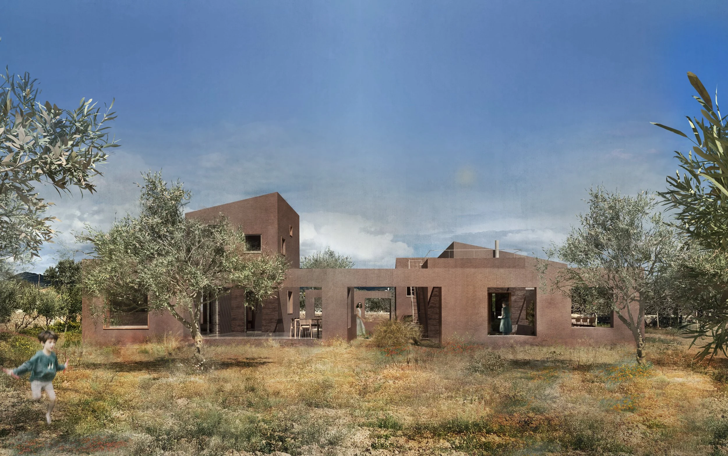 Rendering of a modern, adobe-style house with large windows, surrounded by trees and a grassy landscape, under a blue sky.