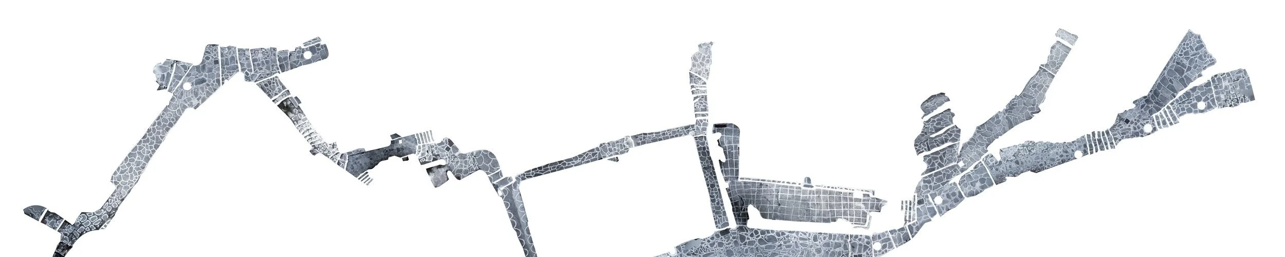 Abstract grayscale map of a city or region with variously shaped and sized blocks and roads.