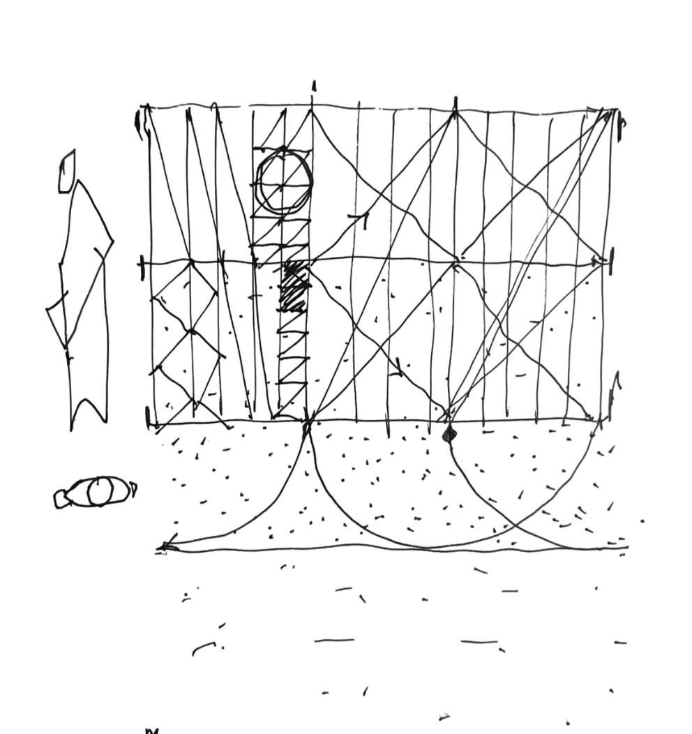 A sketch of a basketball court with markings, a basketball hoop, and a person near the court.