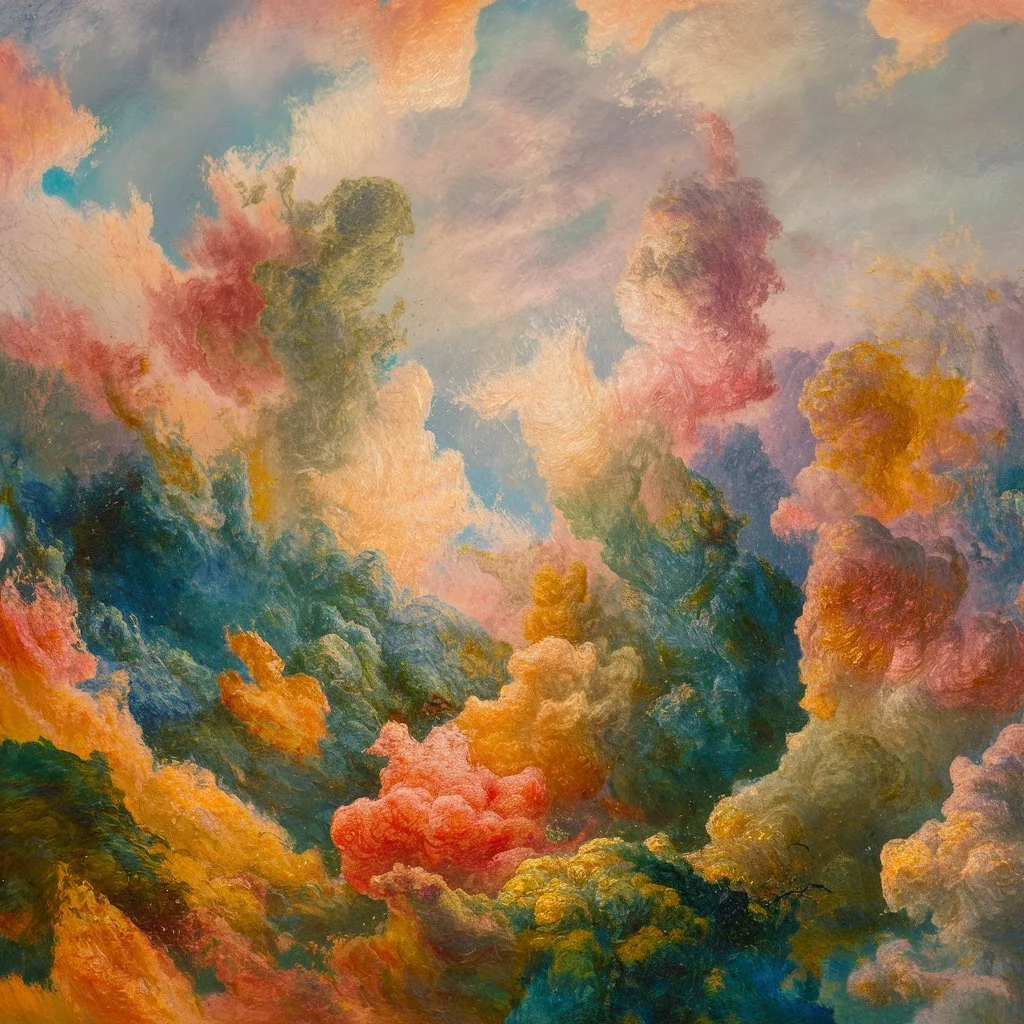 Billowing pink, blue and gold painterly clouds — cover for future-proofing your founder career in the AI age