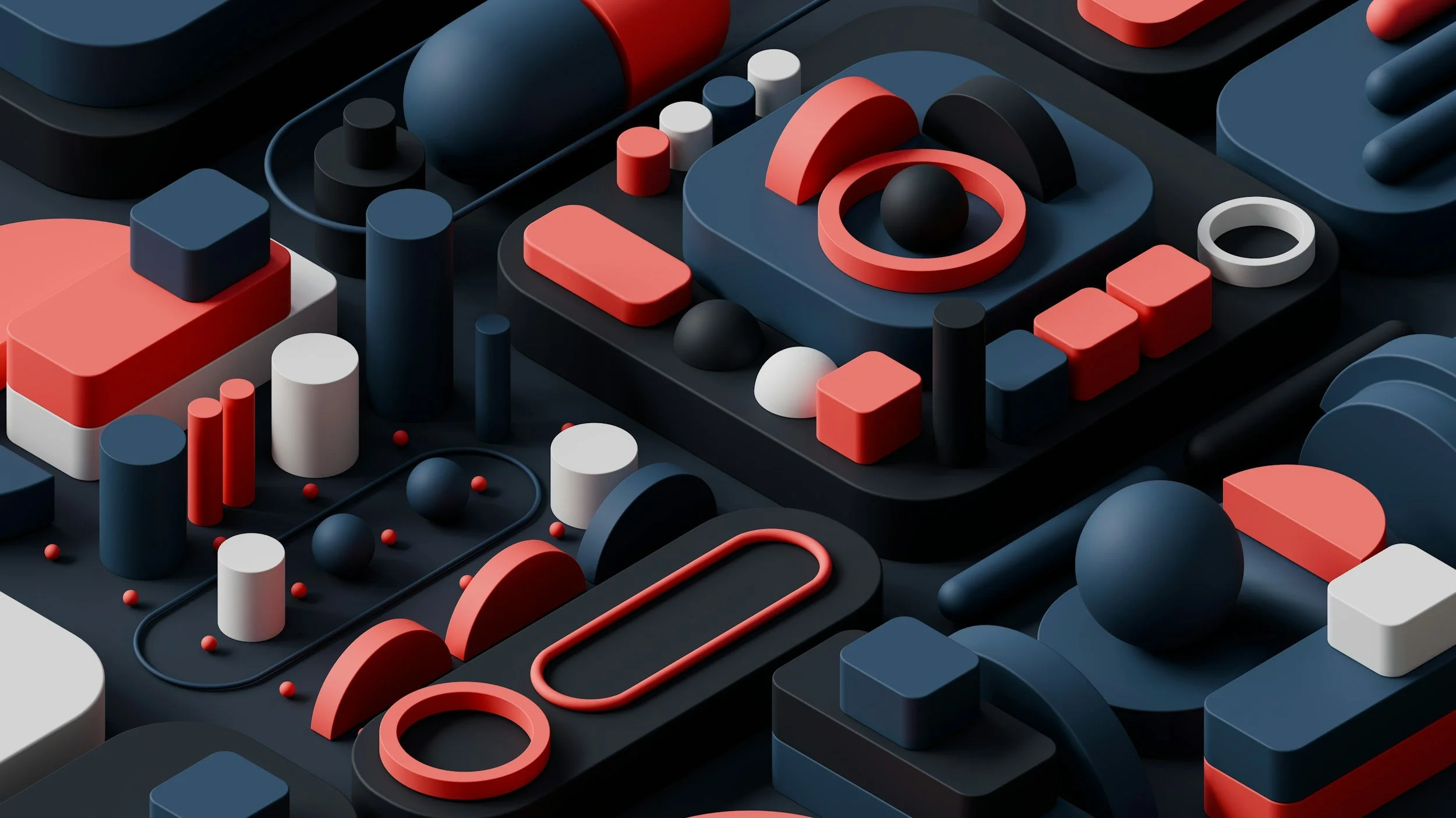 Abstract 3D render of navy, red and white geometric shapes — buttons, spheres and dials for the Essential AI Toolkit