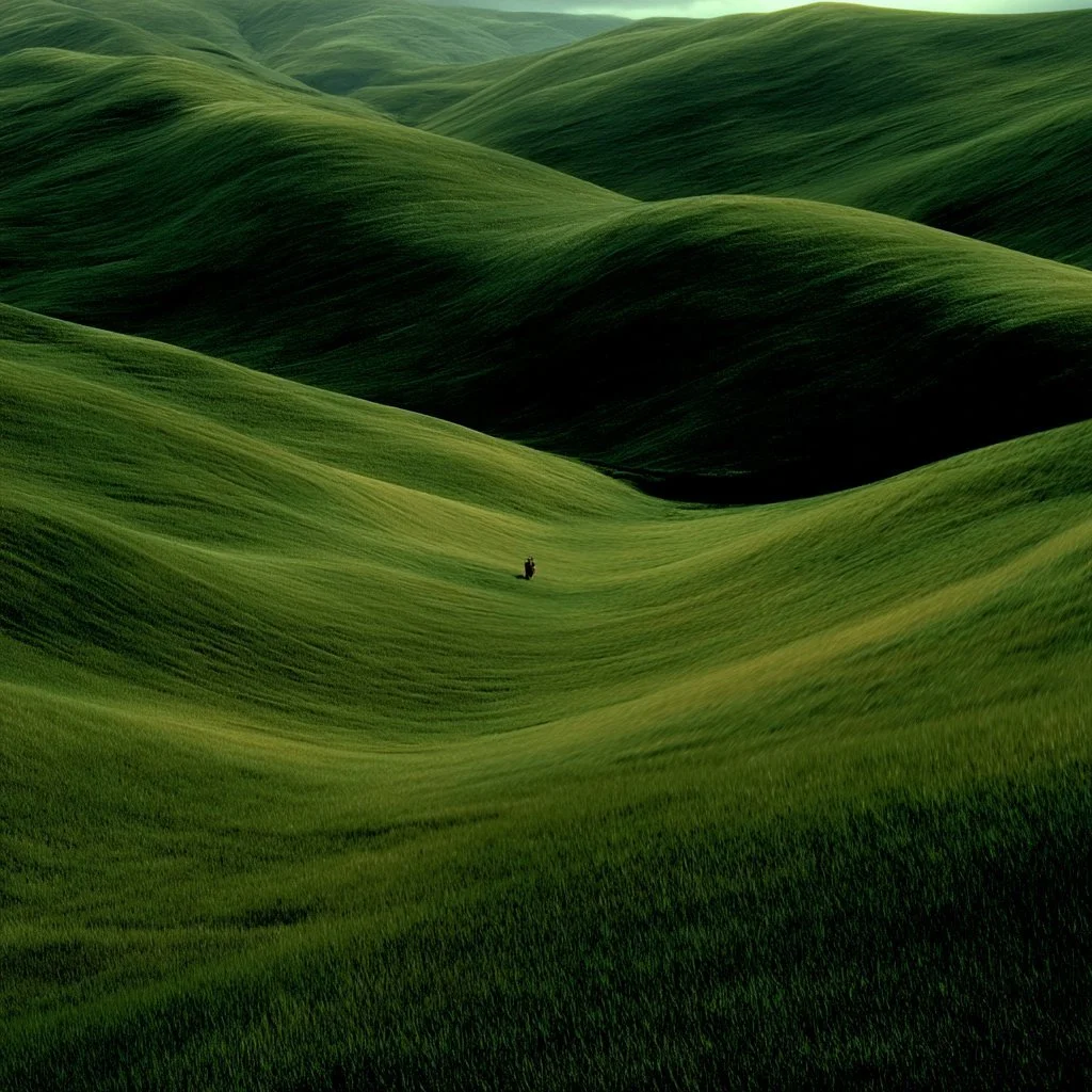 Lone figure walking through vast green rolling hills — one solopreneur matching a 20-person content team with one AI agent