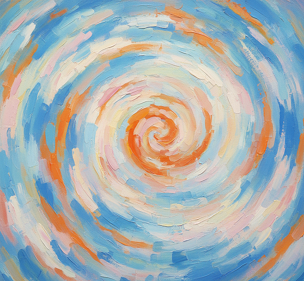 Abstract blue-and-orange painterly spiral evoking calm, focused scaling as a founder grows to 7 figures with AI agents