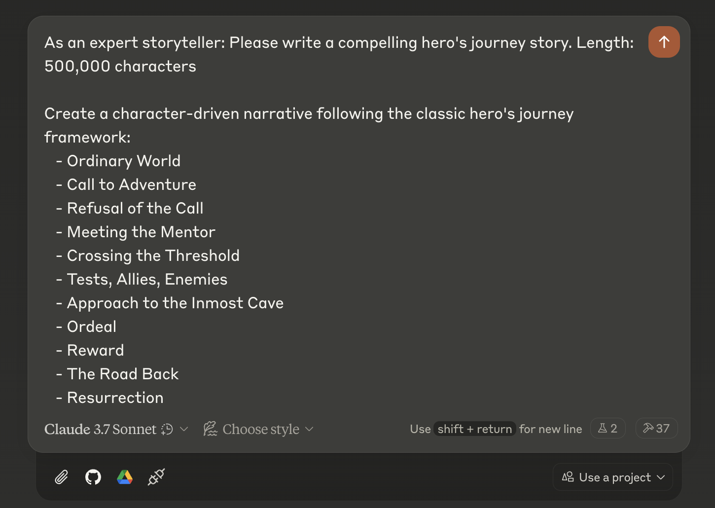 Claude 3.7 Sonnet prompt requesting a 500,000-character hero's-journey story, listing the twelve classic story stages