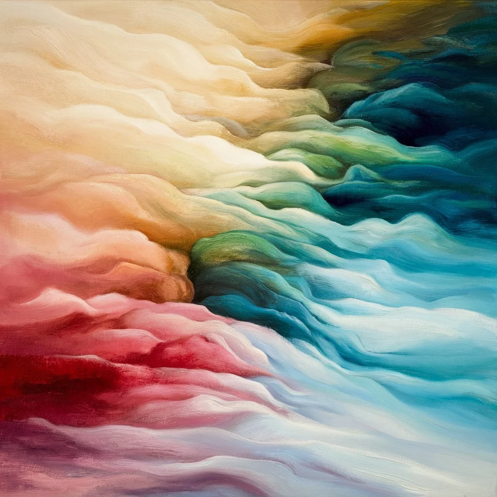 Layered painterly waves in red, cream, green and blue — cover for what $45,000 spent on self-improvement taught me