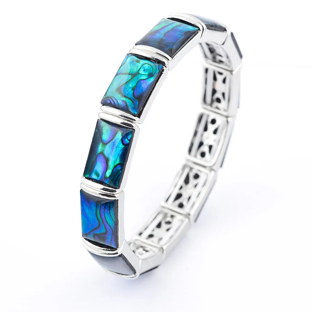 Natural Paua Shell Rectangular Link Stretch Bracelet by Byzantium, Rhodium Plated