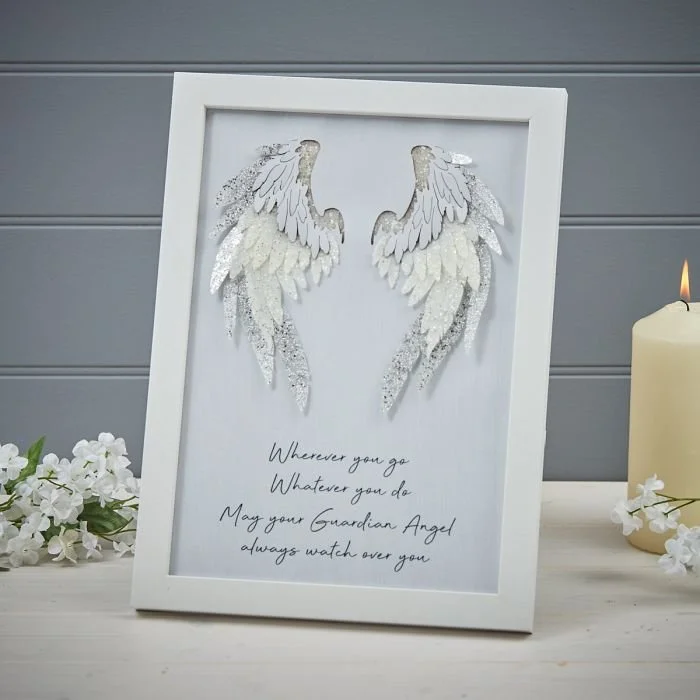 ANGEL WINGS 3D FRAMED PLAQUE WHITE WOOD WITH QUOTE