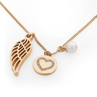 TIPPERARY CRYSTAL ANGEL WING PEARL & HEART DISC PENDANT GOLD