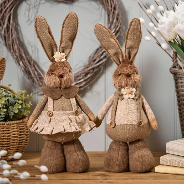 RUSTIC DRESSED FABRIC STANDING MR AND MRS BUNNY 2 ASSTD