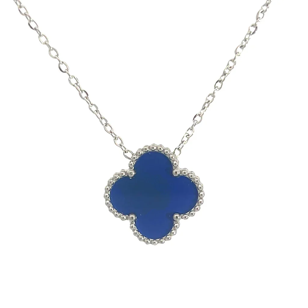 Blue Four Leaf Clover Pendant Necklace, Silver Coloured