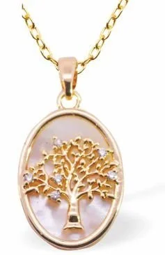 Iridescent Oval Pendant with Tree of Life Centre, Golden Framed