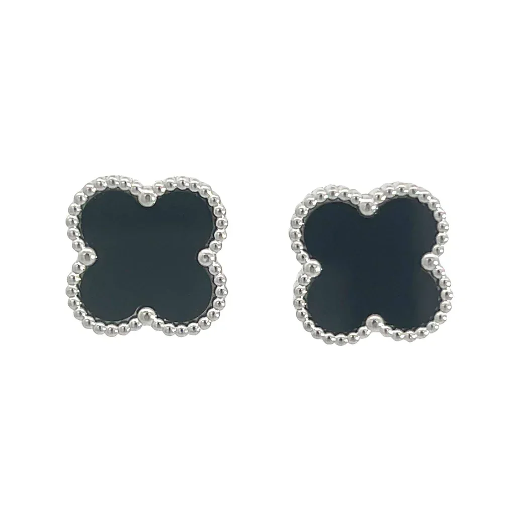 Black Four Leaf Clover Stud Earrings, Silver Coloured