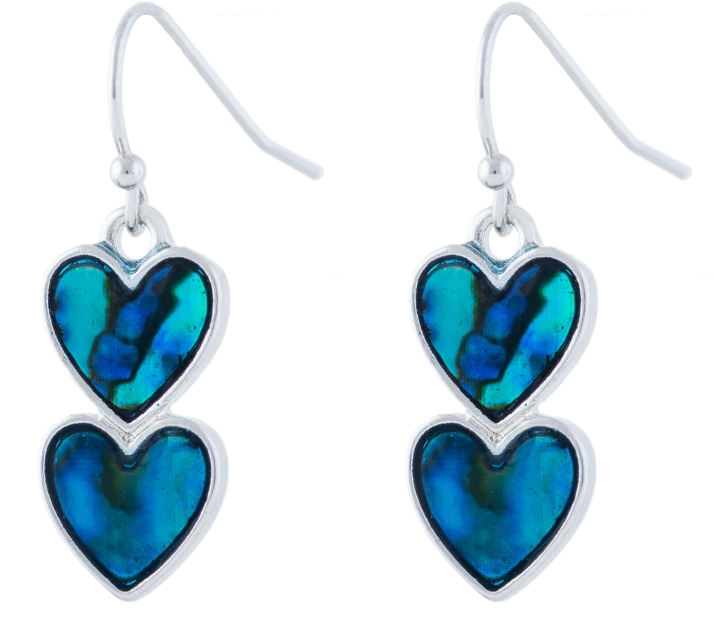 Paua Shell Double Heart Drop Earrings, Rhodium Plated