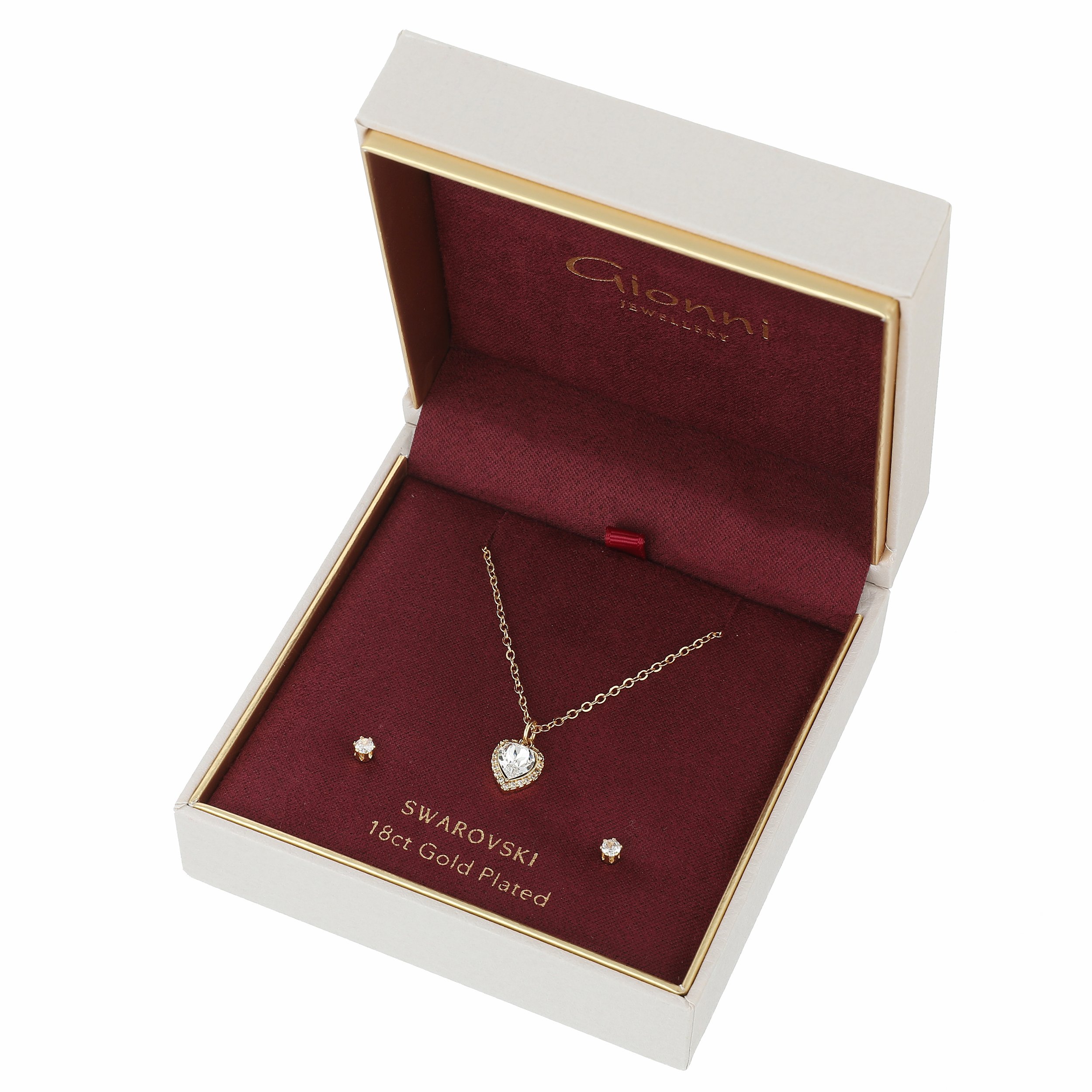 Crystal Heart Halo Pendant & Stud Set Gold
