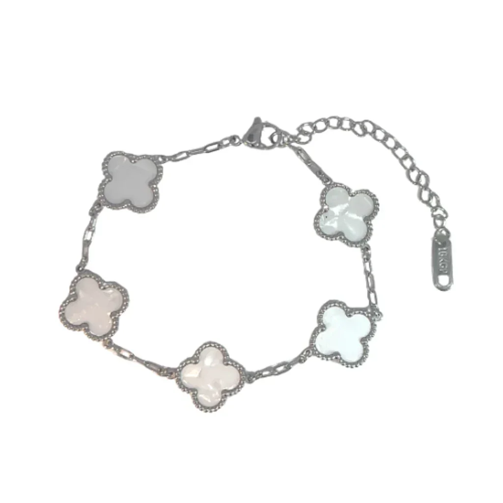 White Four Leaf Clover Double-Sided Bracelet, Silver Coloured