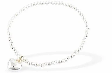 Silver Coloured Stretch, Beaded, Slip On Bracelet, Rhodium Plated with Heart Charm