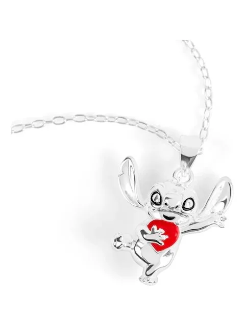 Silver Tone 925 Stitch Enamel Heart Pendant Chain Necklace