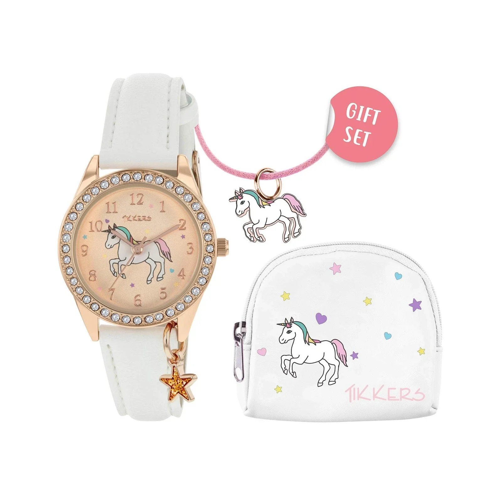 Tikkers Girls White PU Strap Unicorn Watch, necklace and purse set