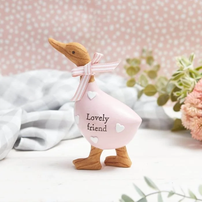 LOVELY FRIEND DUCK ORNAMENT PINK POLYRESIN WITH EMBOSSED HEARTS