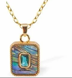 Paua Shell Rectangle with Stone Necklace, Rhodium Plated, Golden Framed/Chain