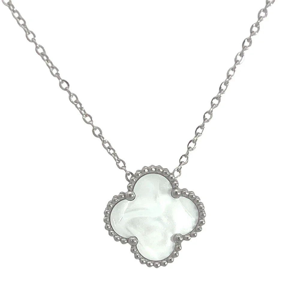 White Four Leaf Clover Pendant Necklace, Silver Coloured