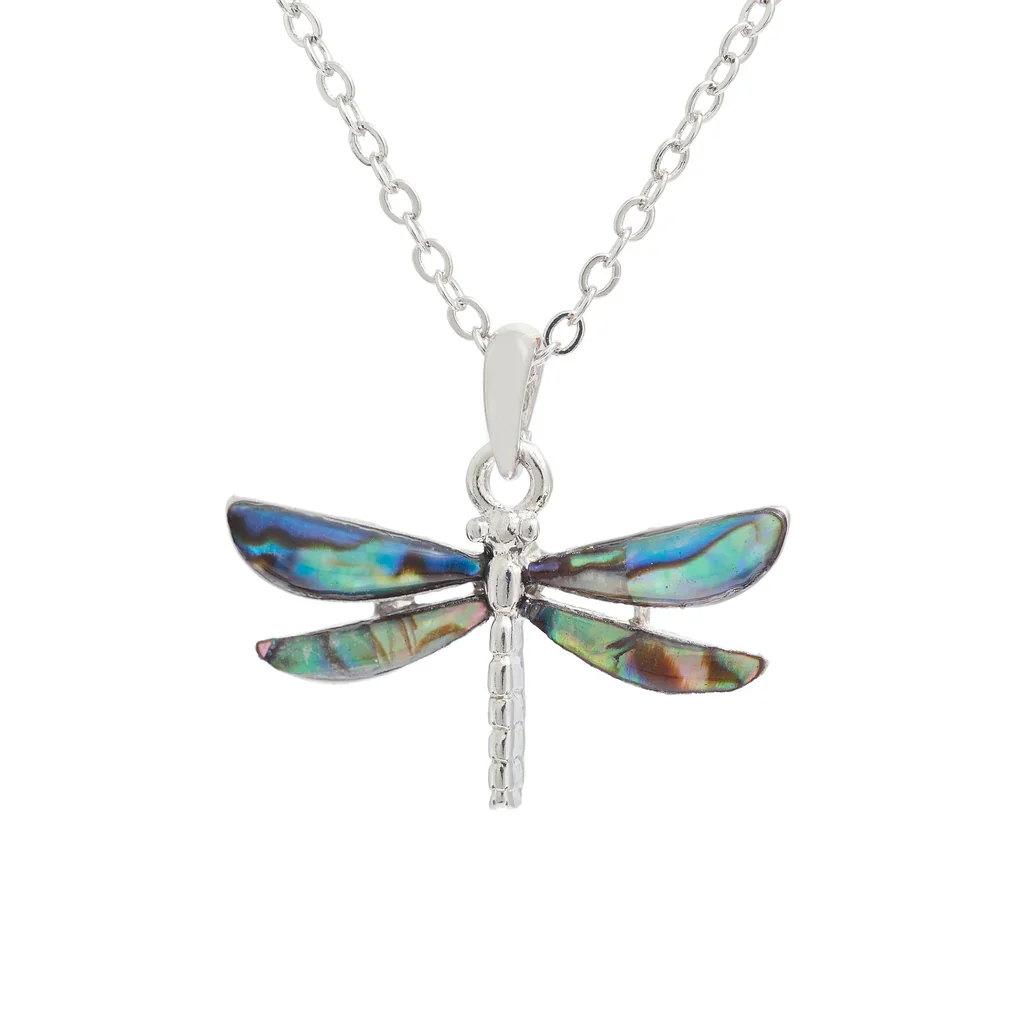 Paua Shell Dreamy Dragonfly Necklace, Rhodium Plated