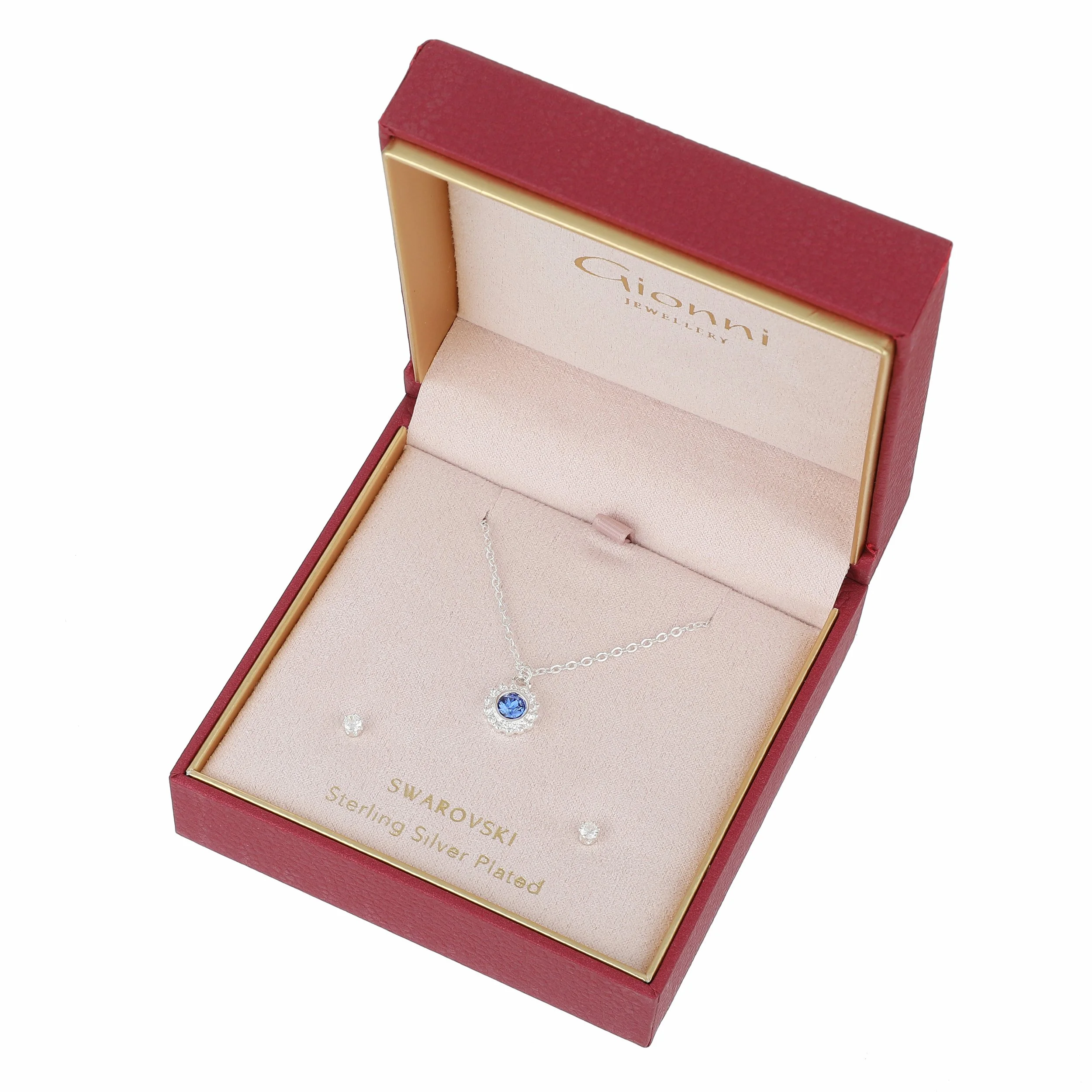 Saphire Crystal Halo Necklace & Stud Set Silver