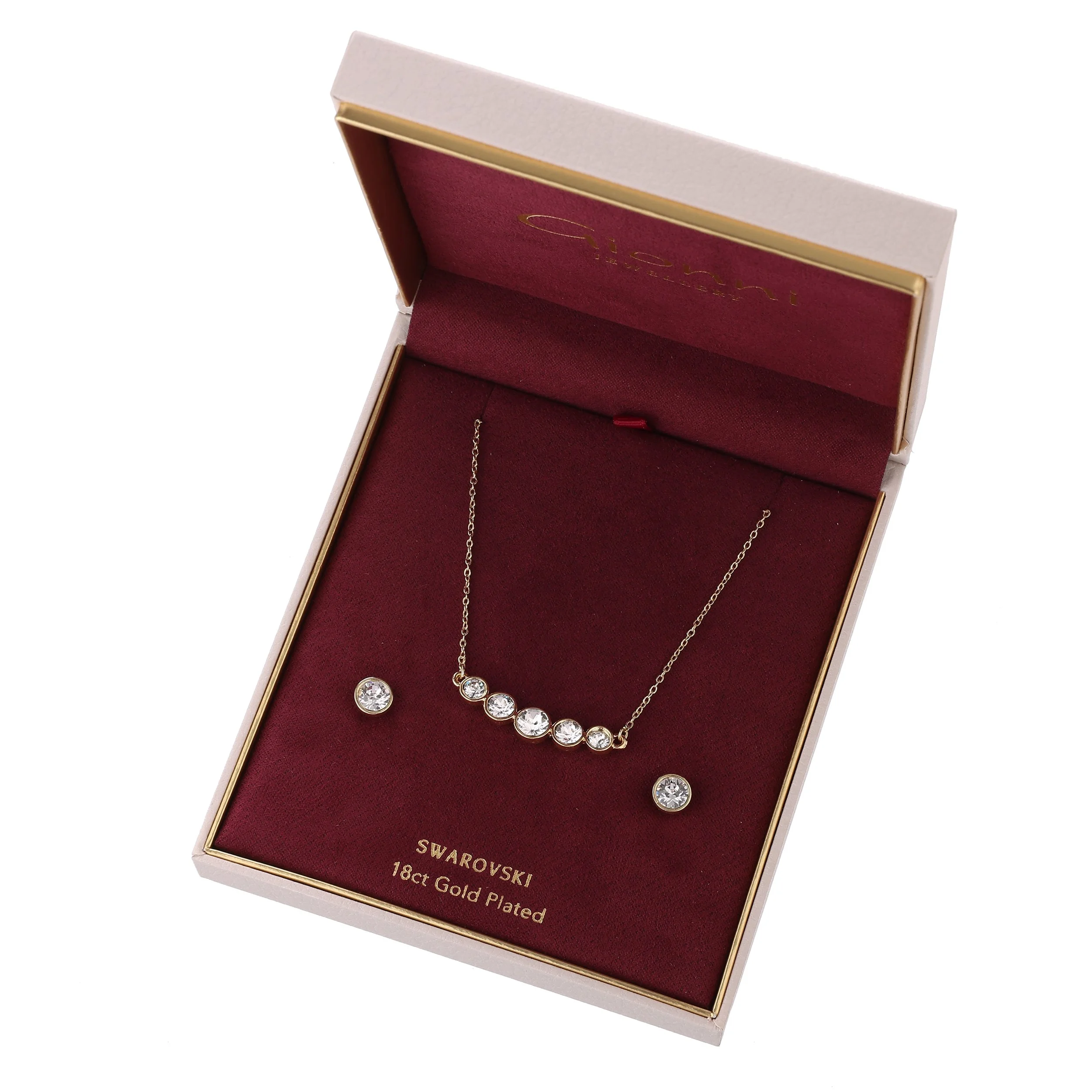 Round Bezel Crystal Necklace & Stud Set Gold