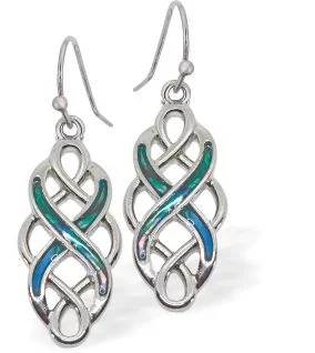 Paua Shell Celtic Drop Drop Earrings, Rhodium Plated
