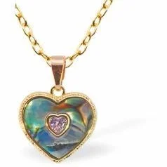 Paua Shell Heart in Heart with Stone Necklace, Rhodium Plated, Golden Framed/Chain