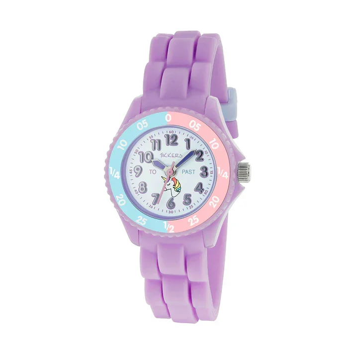 Tikkers Time Teacher Girls Purple Silicone Strap Unicorn Dial Watch