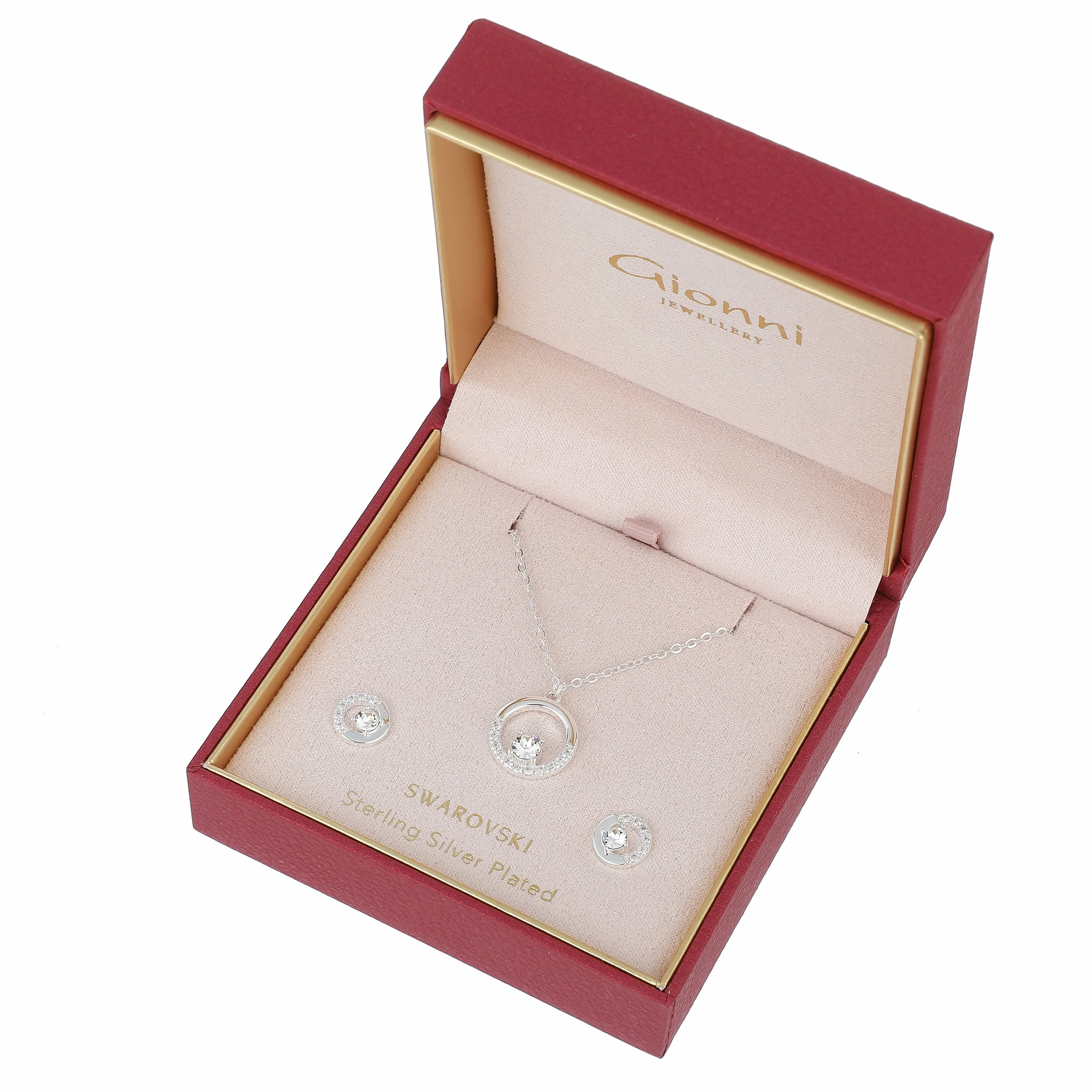 CZ Crystal Halo Necklace & Stud Set Silver