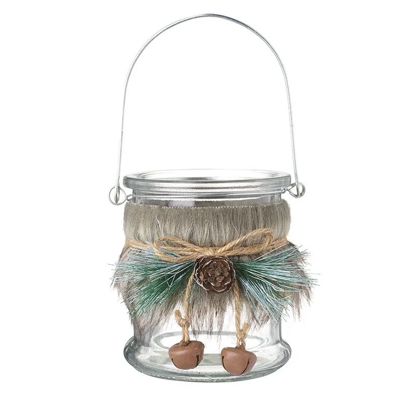 Glass T-Light Jar With Fur Top & Handle