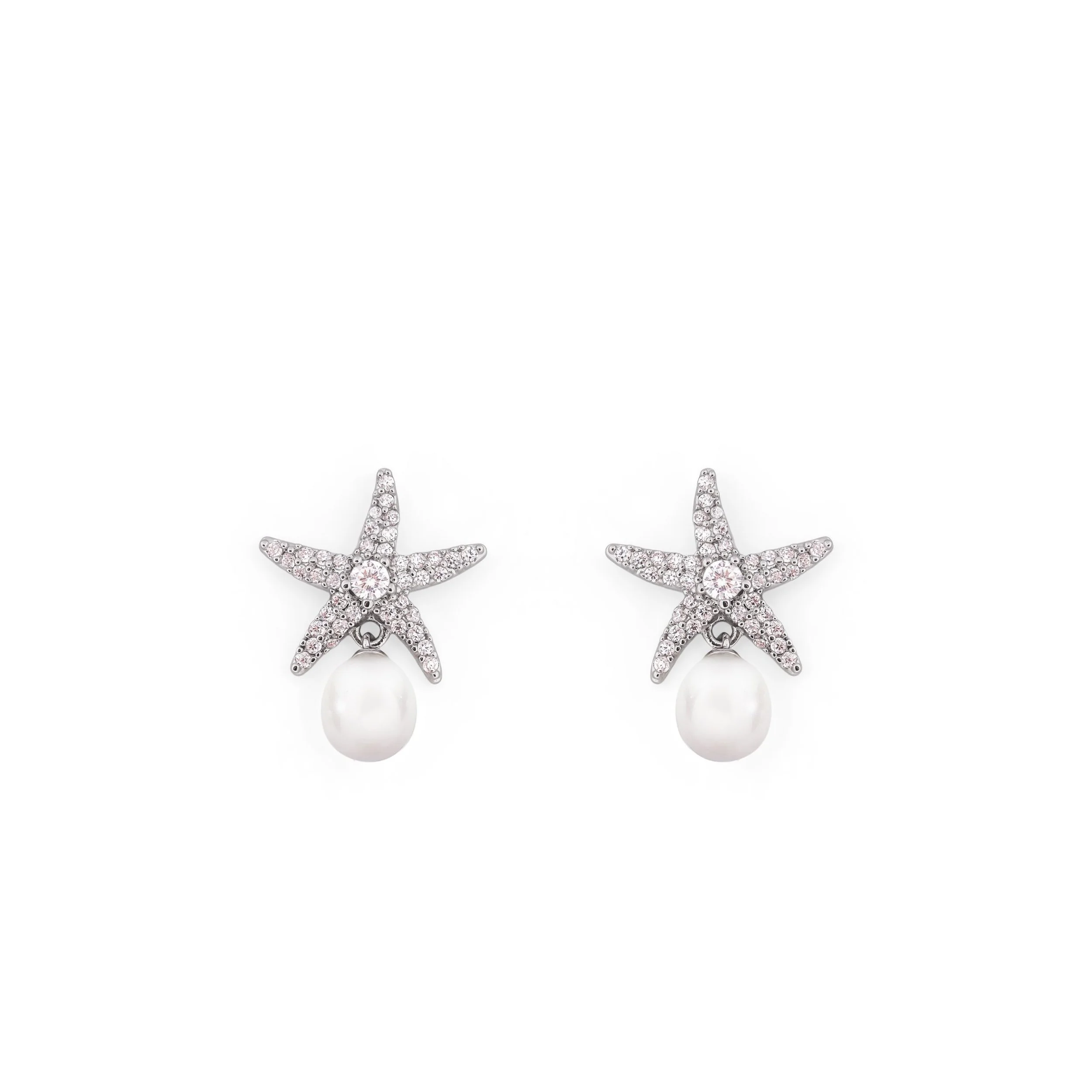 TC UNDER THE SEA – PAVE SET STARFISH & PEARL EARRINGS SILVER