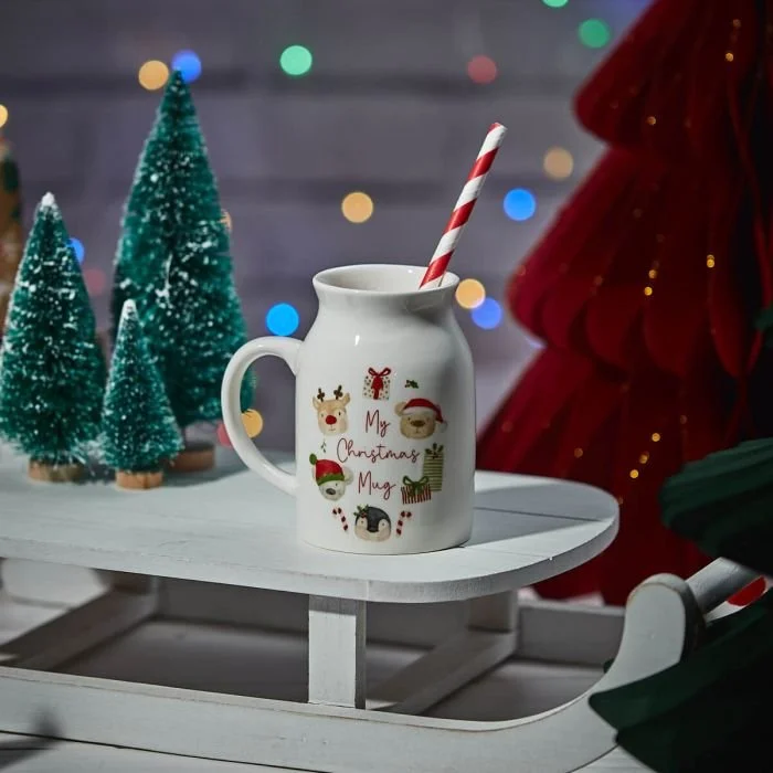 XMAS KIDS MILK BOTTLE STYLE MUG WHITE STONEWARE WITH ANIMALS