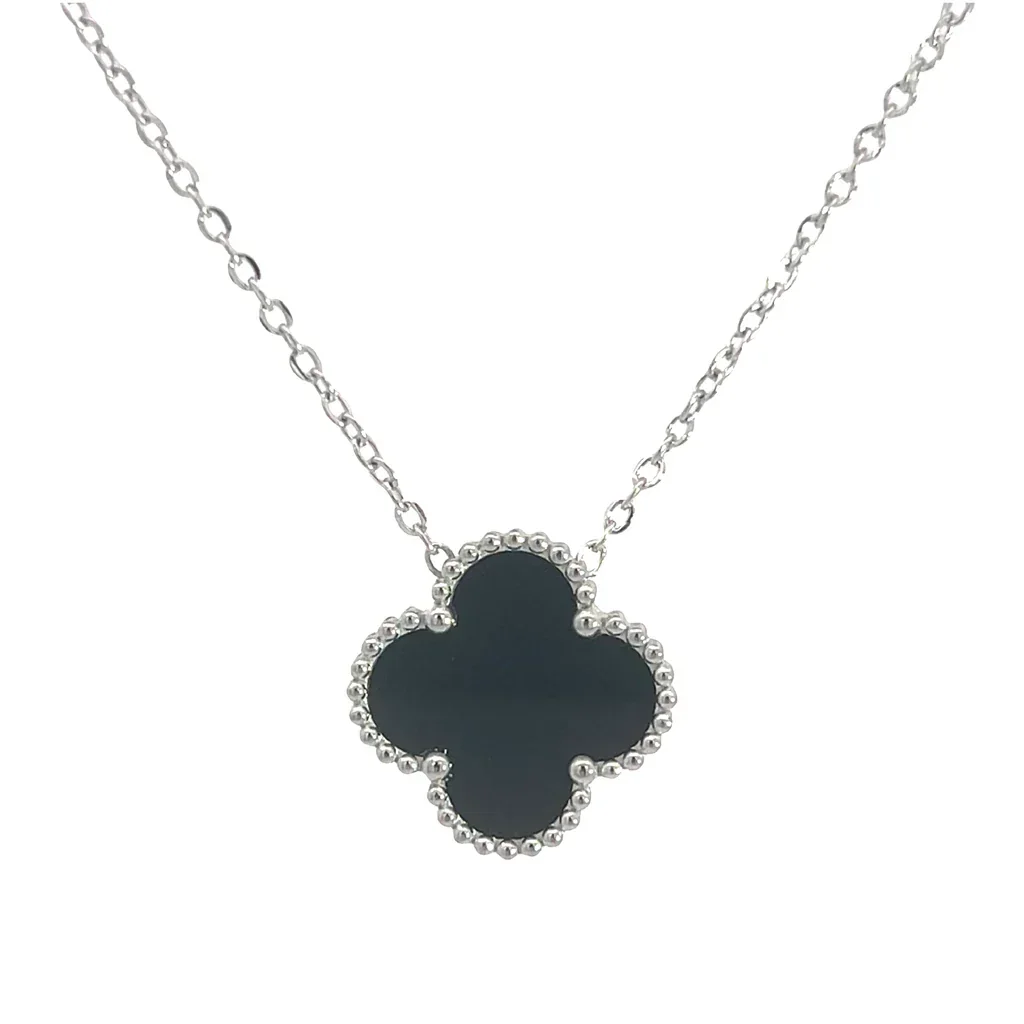 Black Four Leaf Clover Pendant Necklace, Silver Coloured