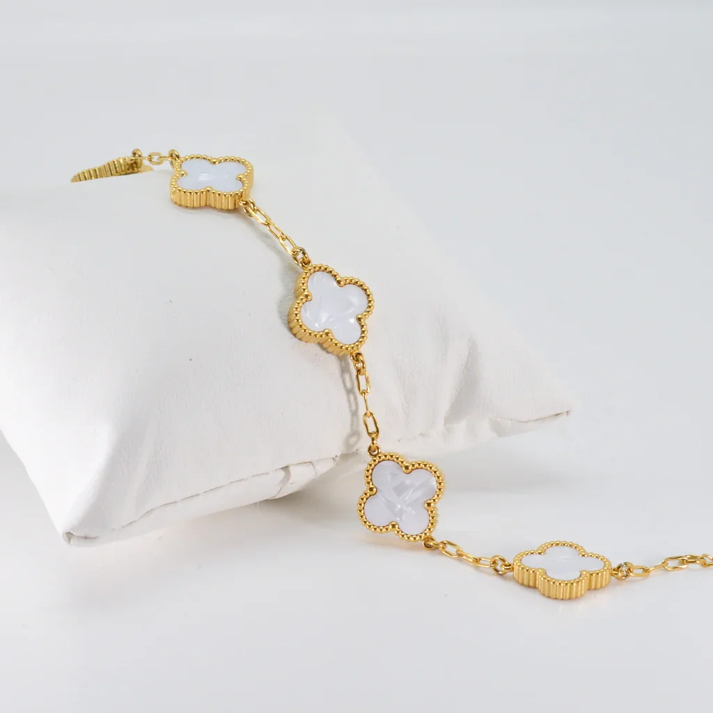 White Four Leaf Clover Double-Sided Bracelet, 18K Gold Plated