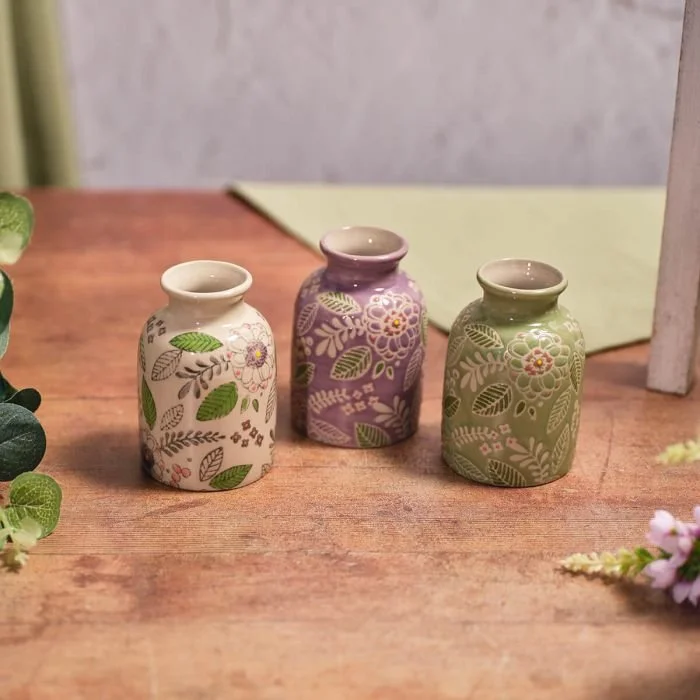 Floral Serenade Decorative Stoneware Embossed Bud Vase