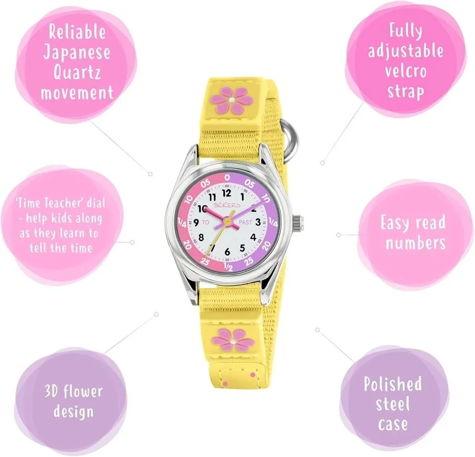 Tikkers Girls Yellow Fabric Strap Flower Time Teacher Watch TK015