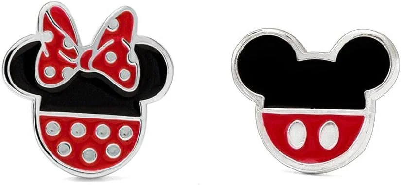 Mickey and Minnie Mouse red and black Silver Plated Enamel Filled Earrings