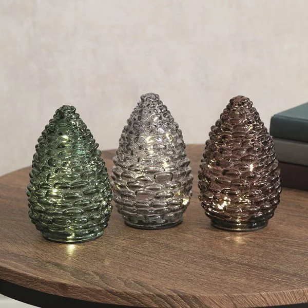 LED Glass Pinecone 15cm 3 Assorted Colours