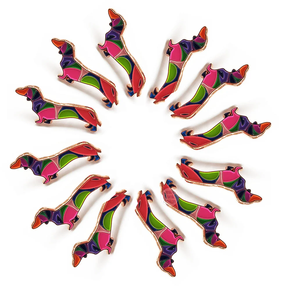 Bau-Wow-Haus, Dachshund, Pin,  Enamel, bronze, vibrant, multi-colour, brooch, sustainable, ethically made, accessory