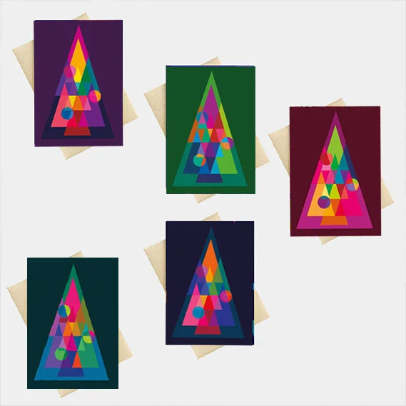 Mid Mod Xmas, 5 Christmas Card gift pack, geometric abstraction, modernist art, circles and triangles