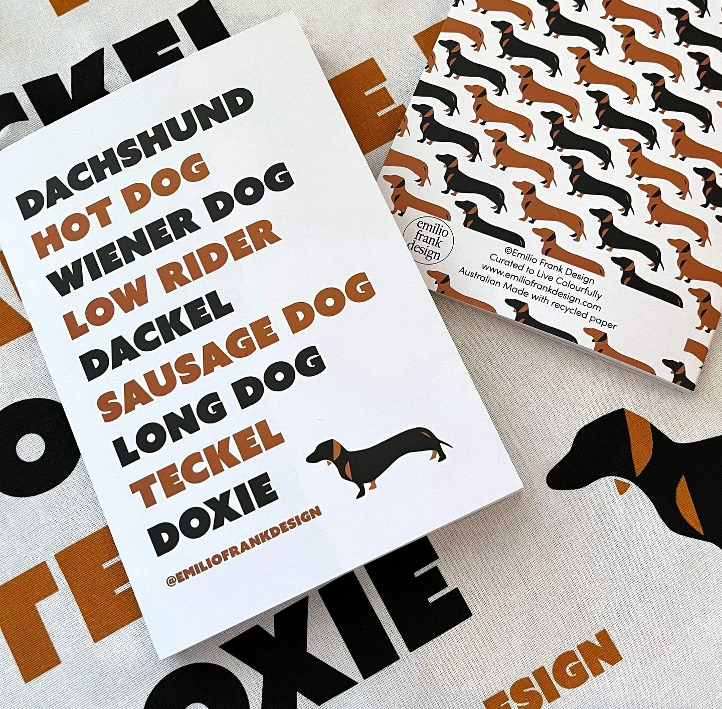 ◾️DACHSHUND NOTEBOOKS are here! 
The front cover features our &lsquo;Dachshund Names&rsquo; design, the back cover our trademark Schnitzel pattern! 
🐾For dachshund lovers + list makers, for writers + note takers, for stationery lovers, for you. 
Sta